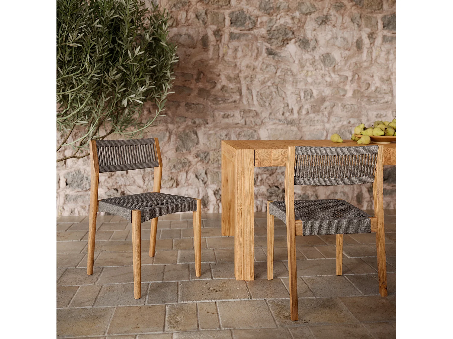 Lot de 2 chaises de jardin en bois de teck recyclé et tissage en corde - Nusa
