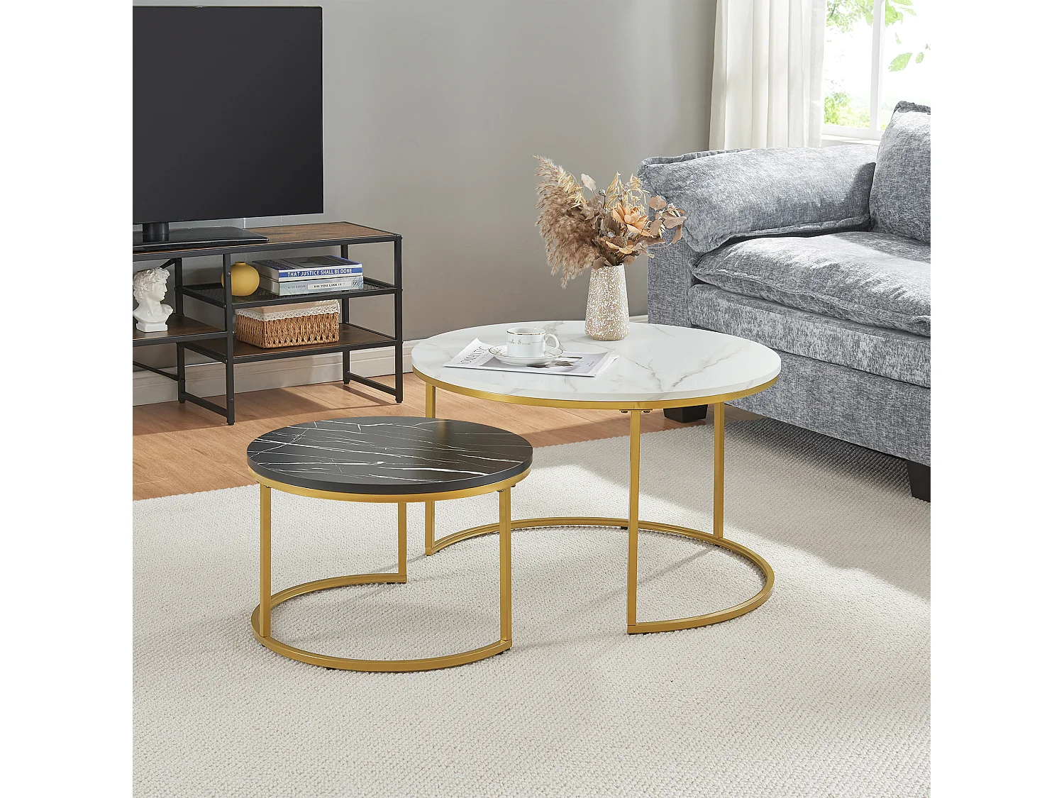 Set de 2 tables basses Christchurch rondes gigognes effet marbre blanc noir doré [en.casa]