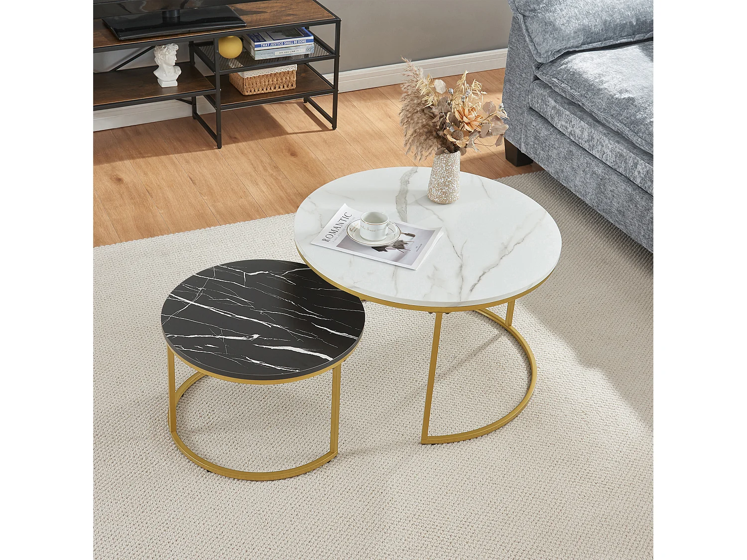 Set de 2 tables basses Christchurch rondes gigognes effet marbre blanc noir doré [en.casa]