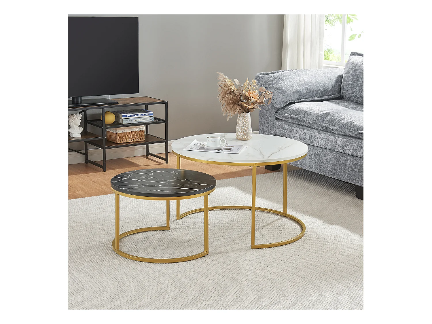 Set de 2 tables basses Christchurch rondes gigognes effet marbre blanc noir doré [en.casa]