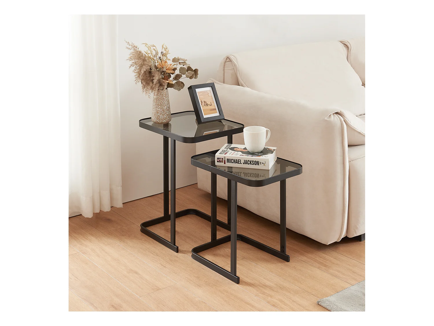 Set de 2 tables basses gigognes Laxå de tailles différentes verre trempé de 4 mm métal noir [en.casa]