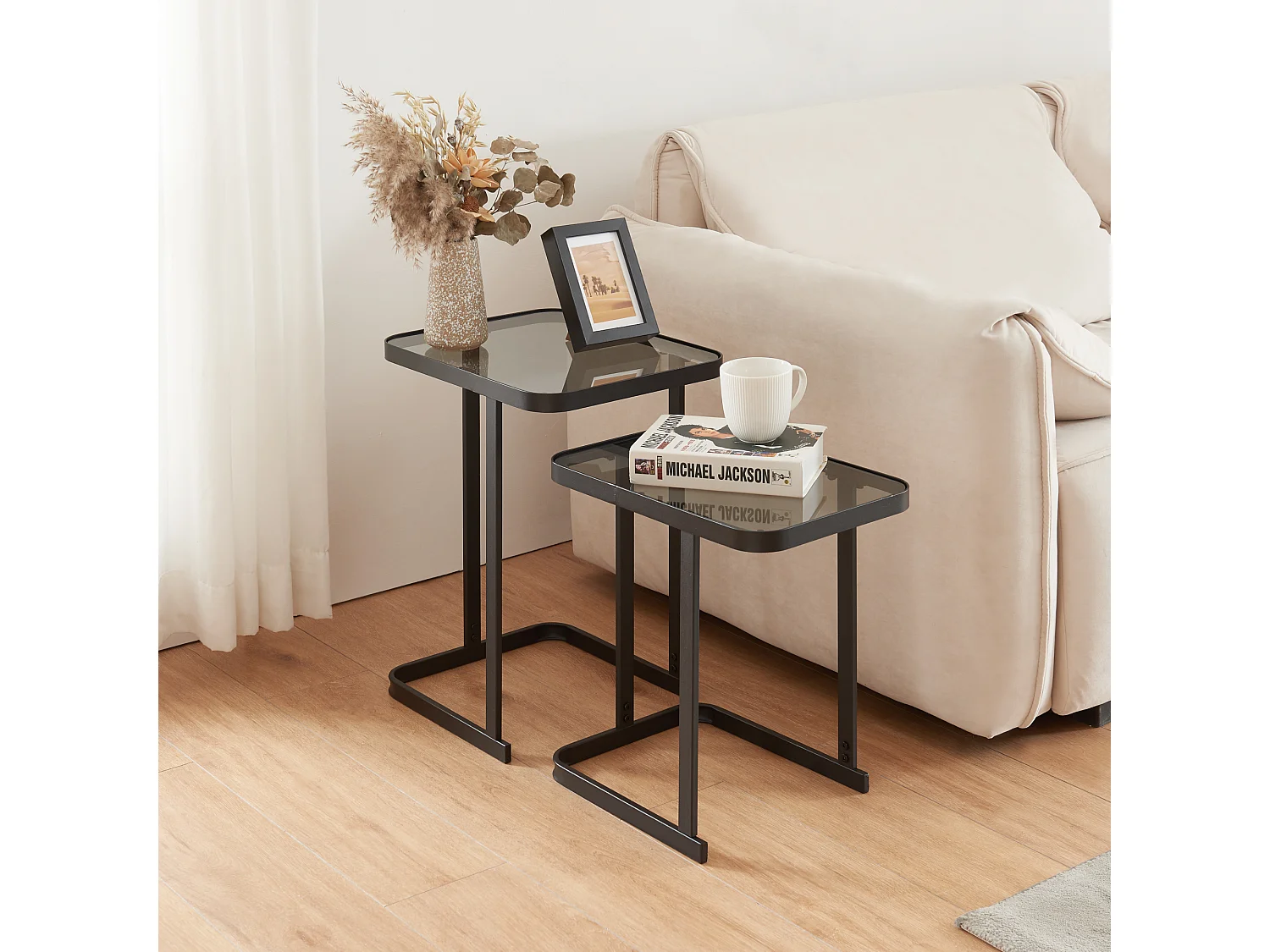 Set de 2 tables basses gigognes Laxå de tailles différentes verre trempé de 4 mm métal noir [en.casa]