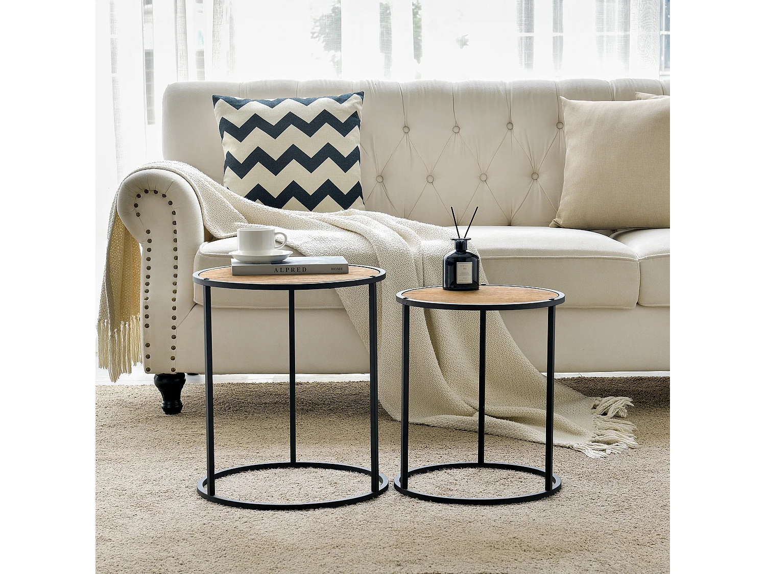 Set de 2 tables d'appoint Moriusaq gigognes rondes noir effet bois [en.casa]