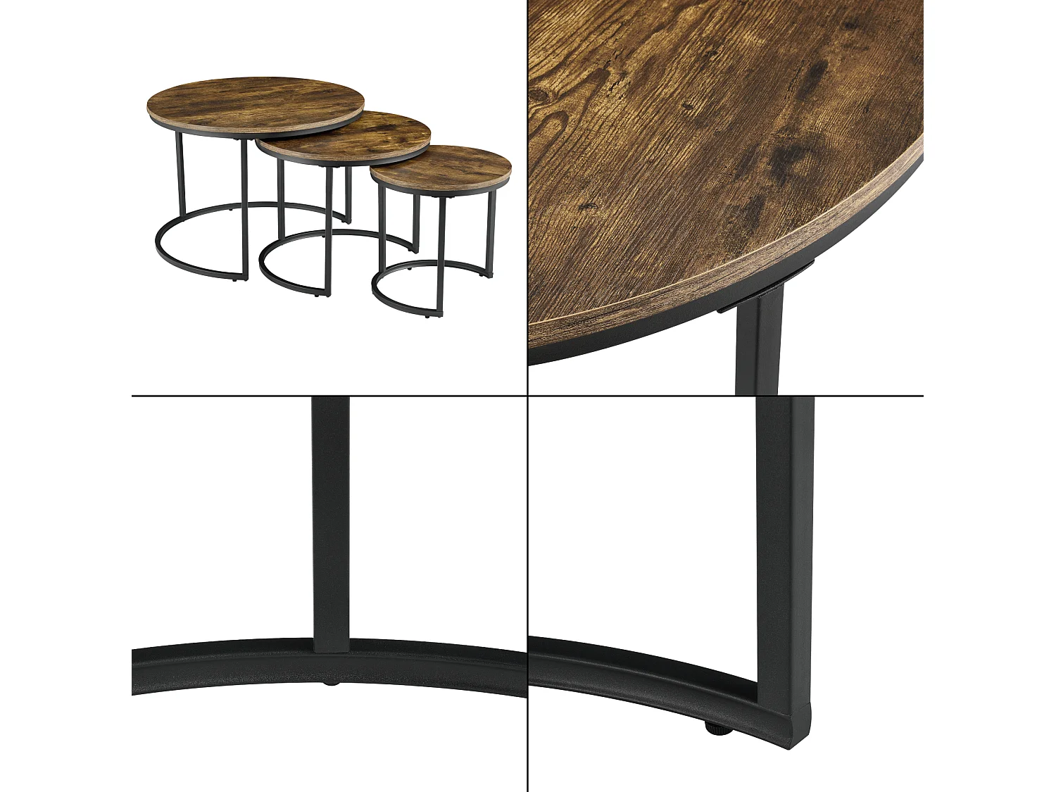 Lot de 3 tables basses gigognes Arvidsjaur Effet bois foncé Rondes [en.casa]