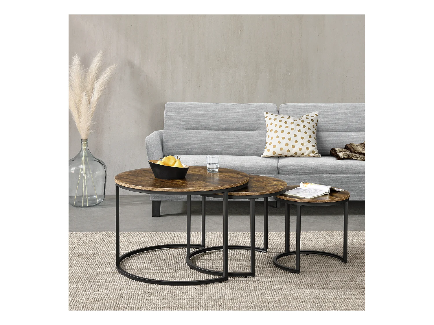 Lot de 3 tables basses gigognes Arvidsjaur Effet bois foncé Rondes [en.casa]