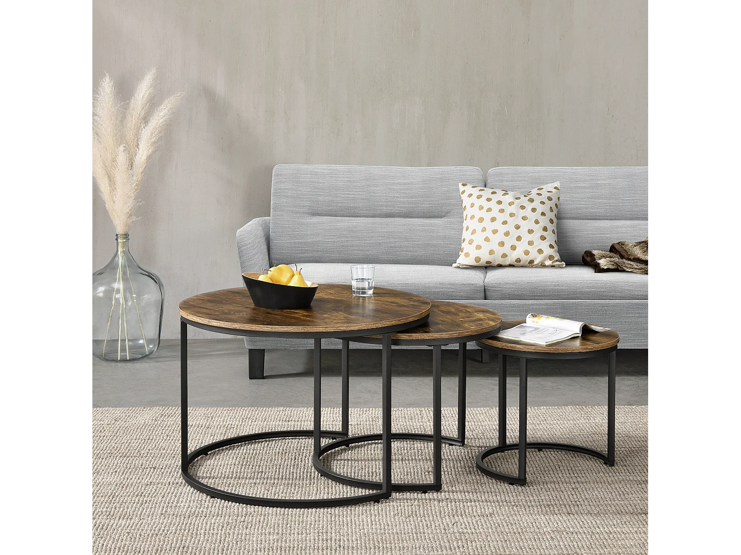 Lot de 3 tables basses gigognes Arvidsjaur Effet bois foncé Rondes [en.casa]