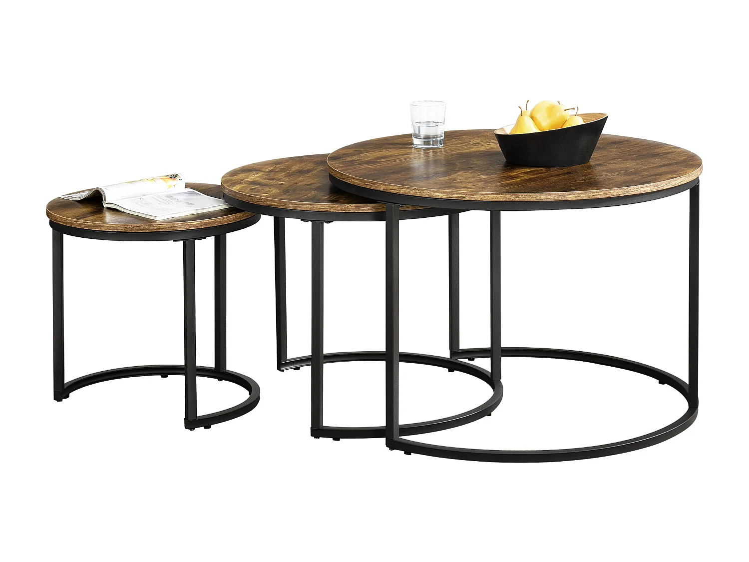 Lot de 3 tables basses gigognes Arvidsjaur Effet bois foncé Rondes [en.casa]