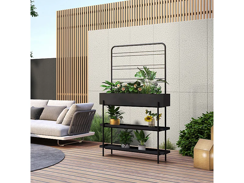 Porte-plantes surélevé Jaalsmeer avec étagère 154 x 96 x 24 cm noir casa.pro