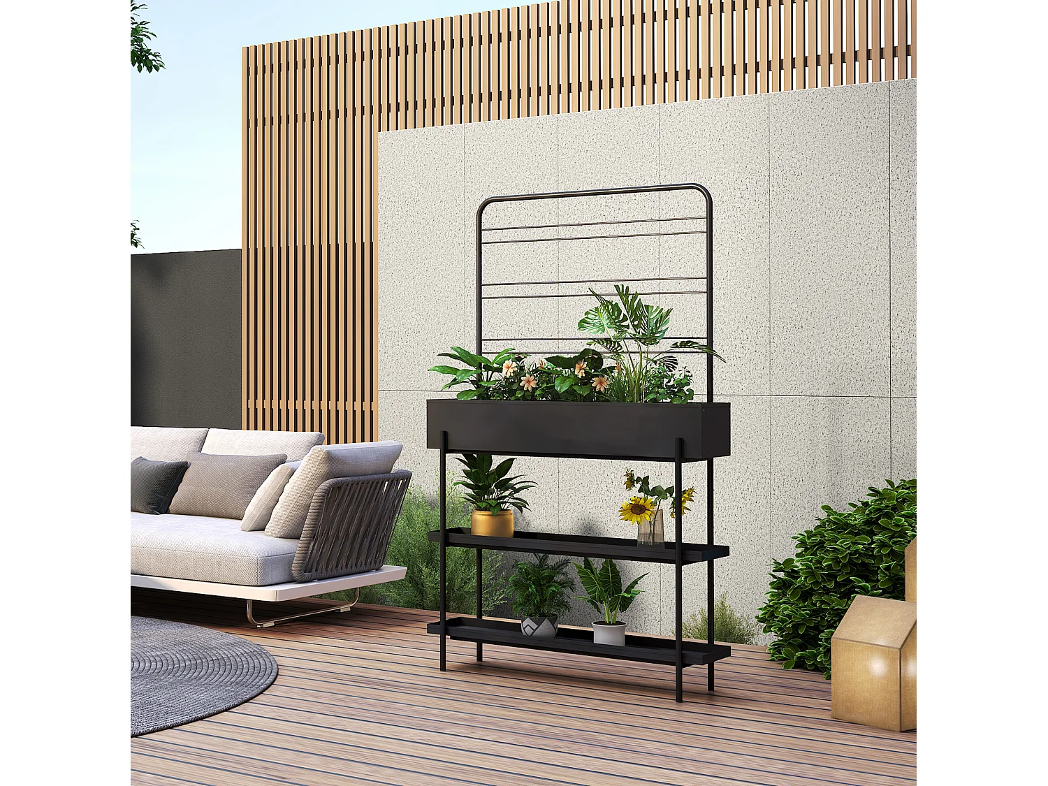 Porte-plantes surélevé Jaalsmeer avec étagère 154 x 96 x 24 cm noir casa.pro