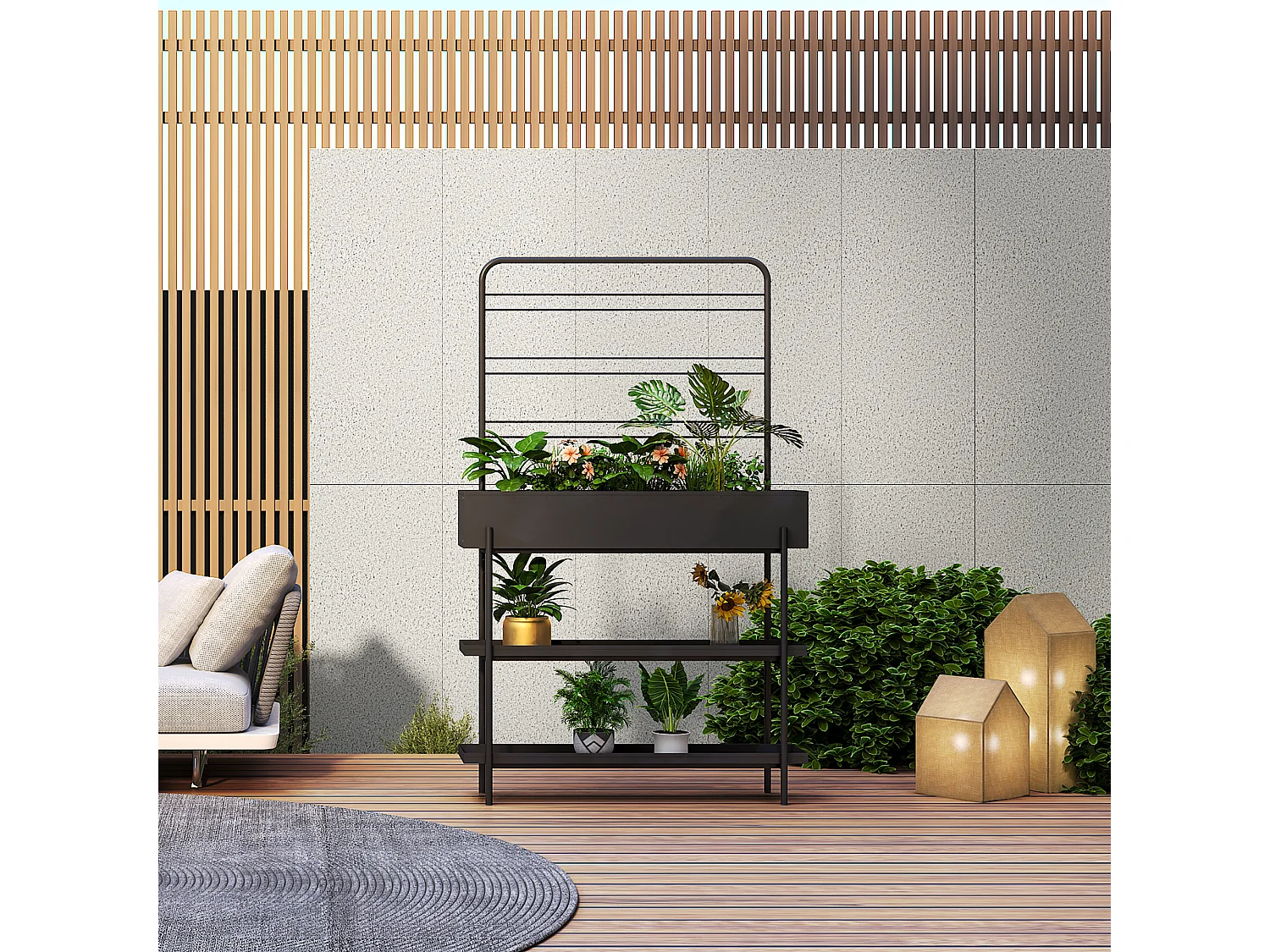 Porte-plantes surélevé Jaalsmeer avec étagère 154 x 96 x 24 cm noir casa.pro