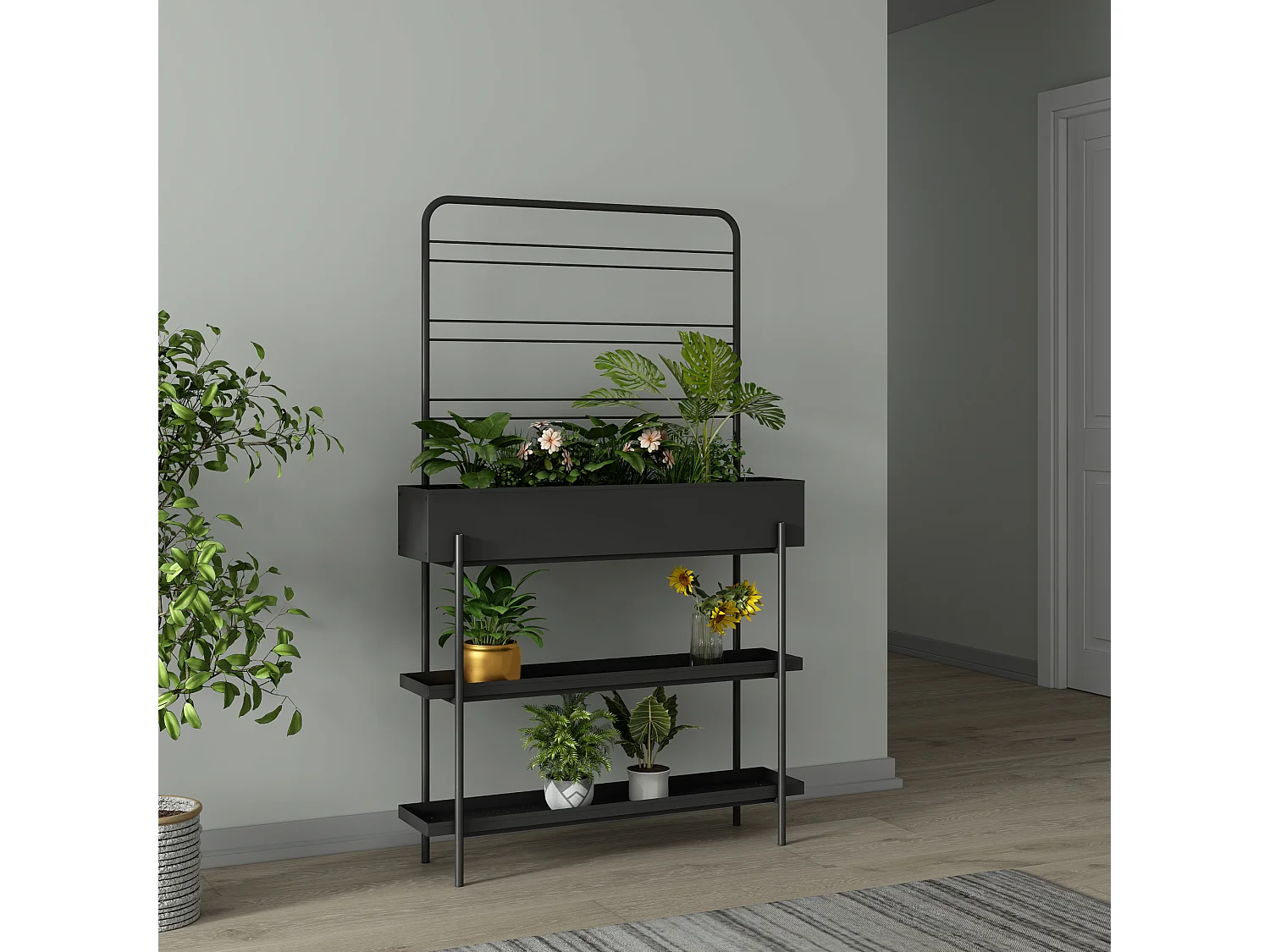 Porte-plantes surélevé Jaalsmeer avec étagère 154 x 96 x 24 cm noir casa.pro