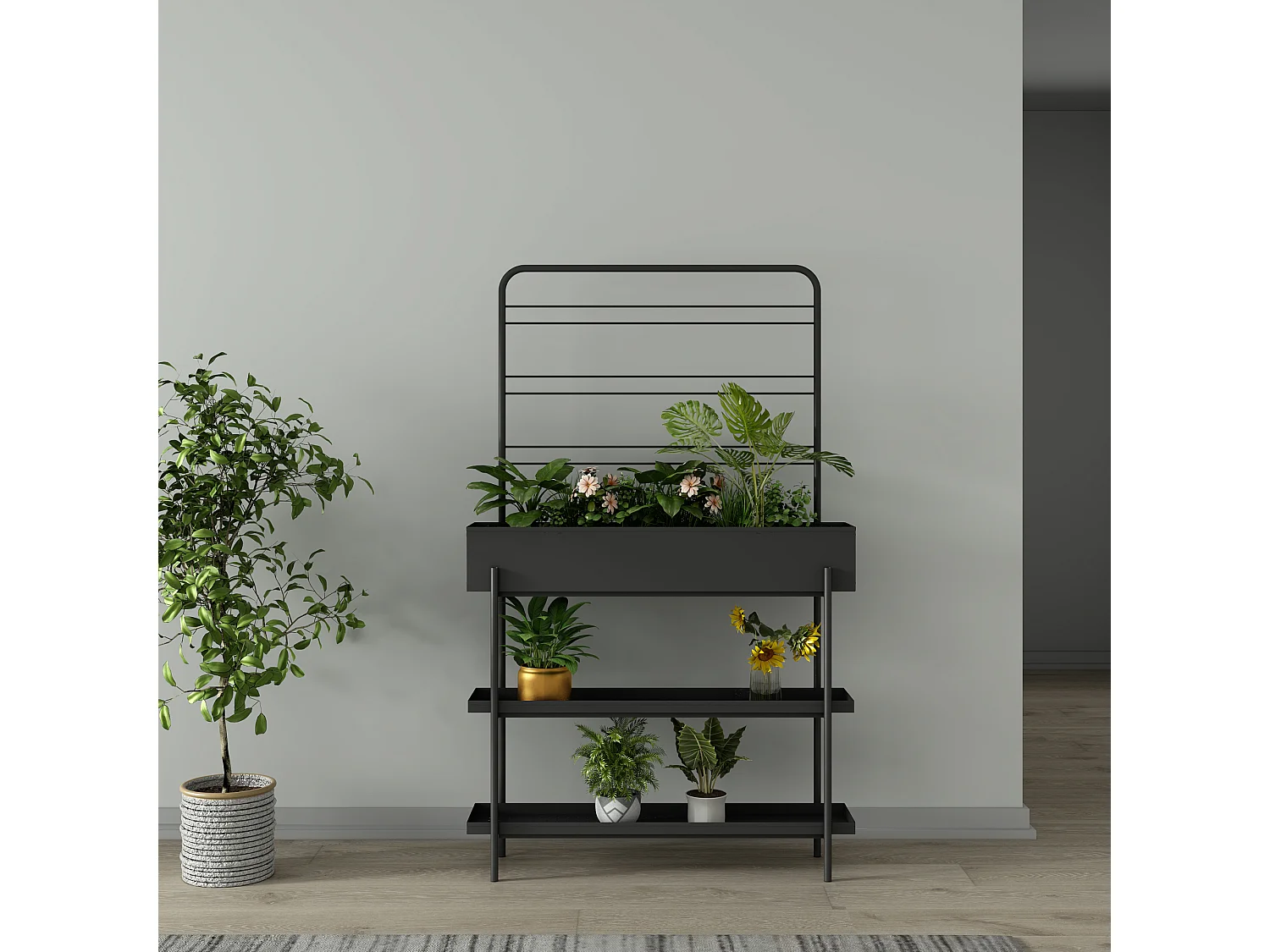Porte-plantes surélevé Jaalsmeer avec étagère 154 x 96 x 24 cm noir casa.pro
