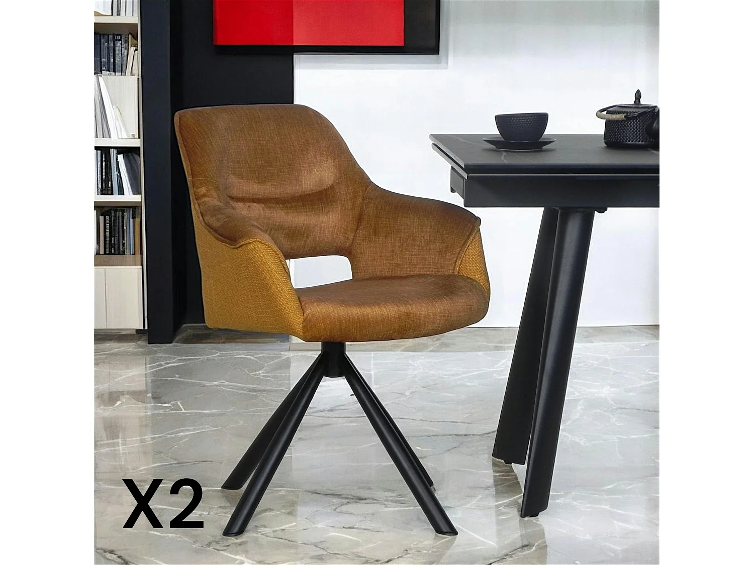 Fauteuil pivotant bi-matière, couleur moutarde (lot de 2) IENA