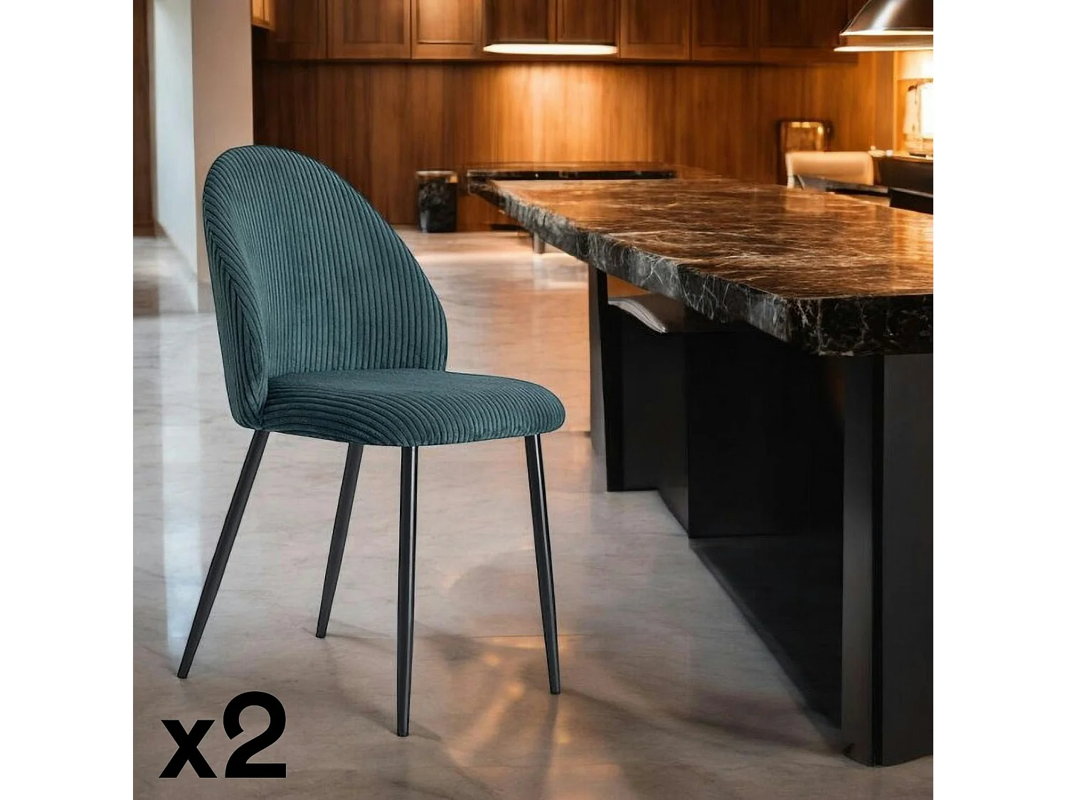 Chaise en tissu côtelé bleu pétrole (lot de 2) IENA