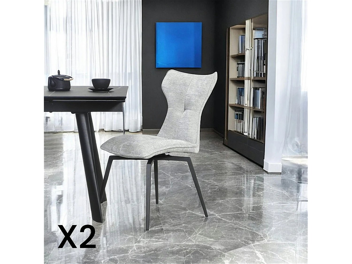 Chaise grise pivotante en velours avec passepoil (lot de 2) LOMBARDIE