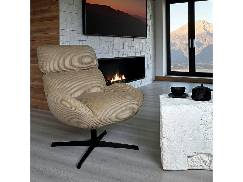 Fauteuil de salon rotatif tissu côtelé camel IENA
