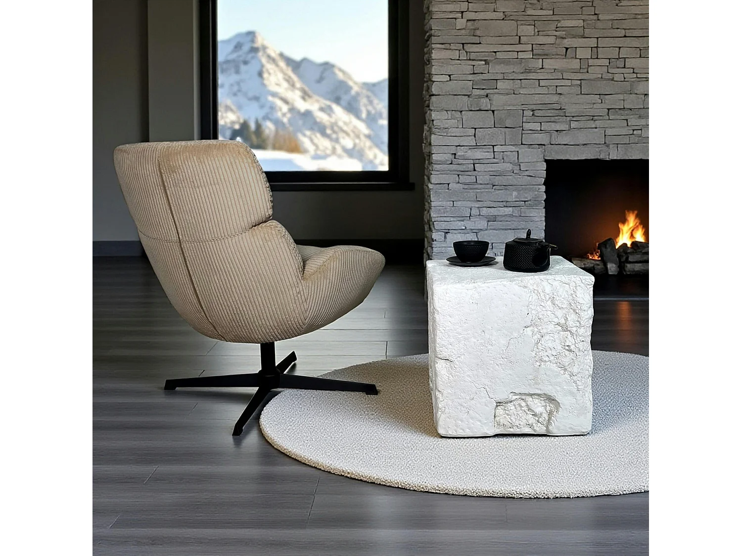 Fauteuil de salon rotatif tissu côtelé camel IENA