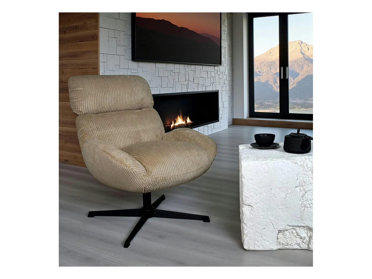 Fauteuil de salon rotatif tissu côtelé camel IENA