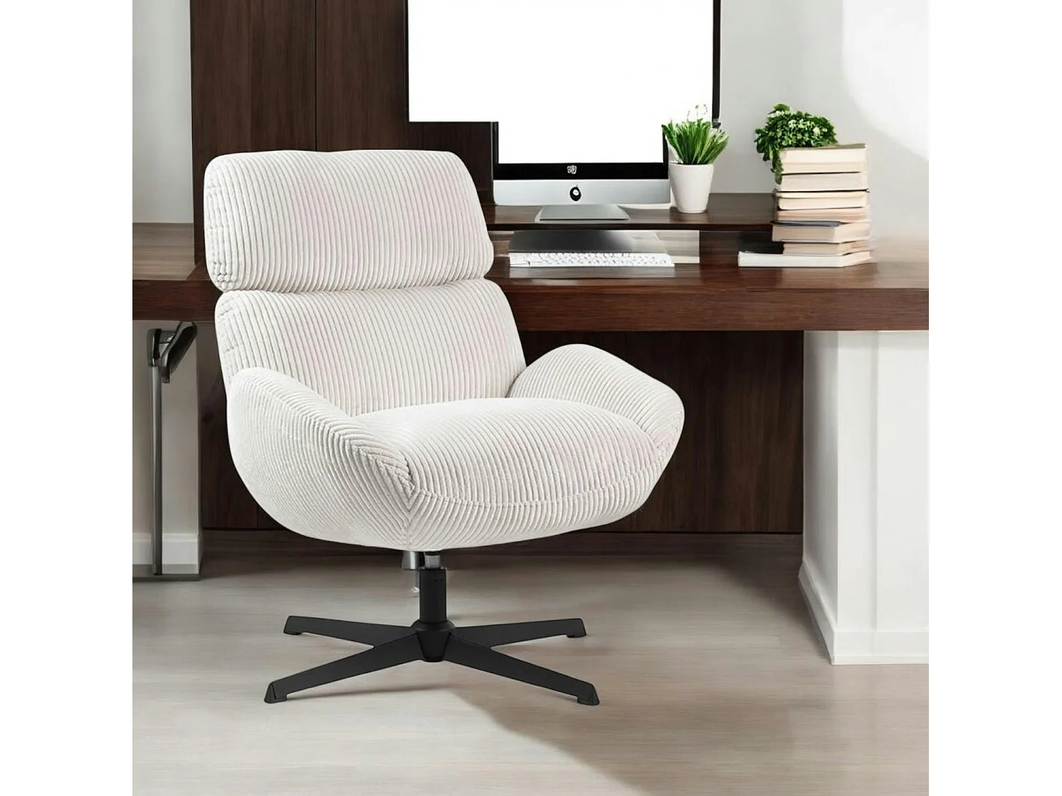 Fauteuil de salon rotatif tissu côtelé blanc IENA