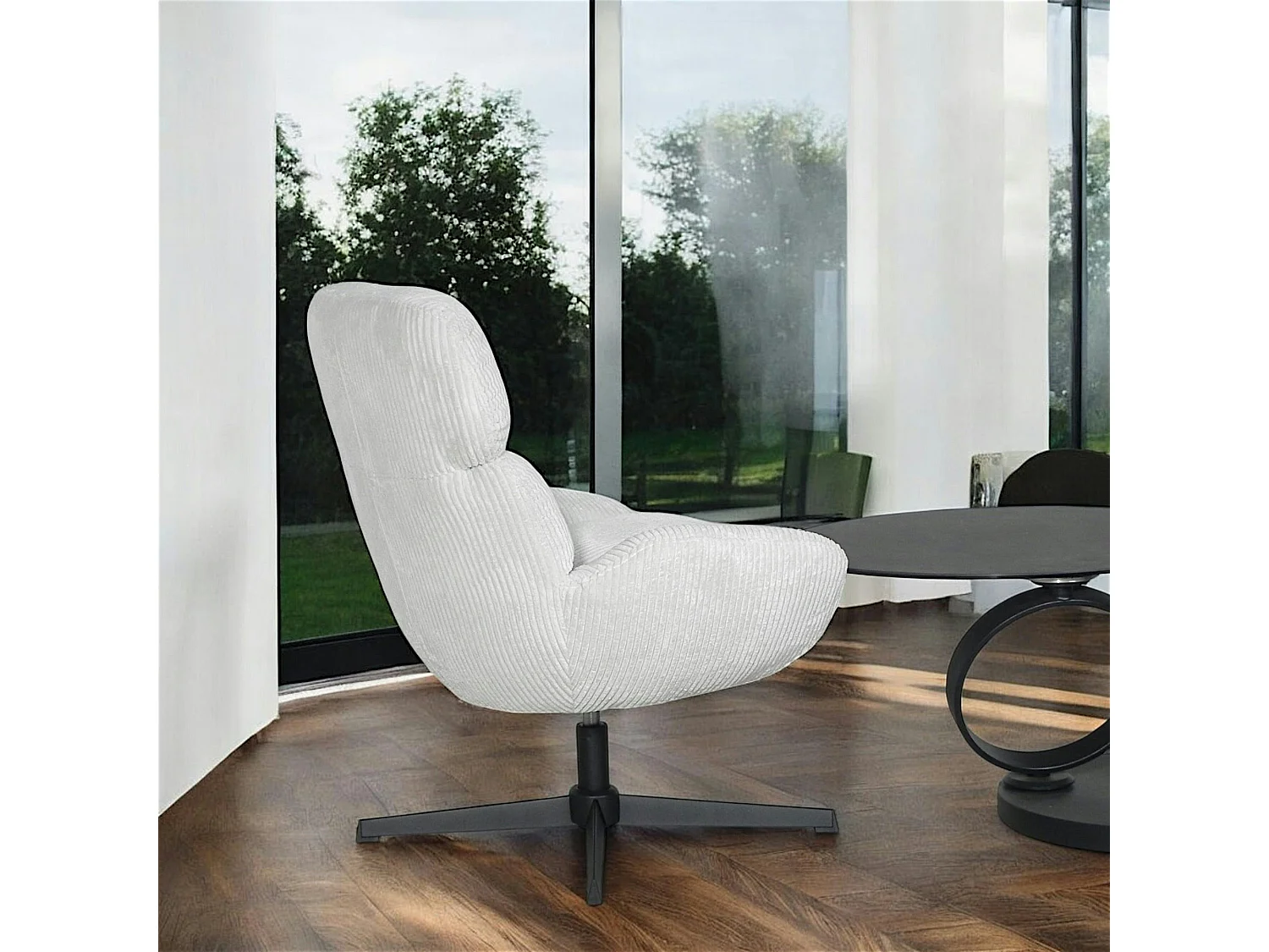 Fauteuil de salon rotatif tissu côtelé blanc IENA