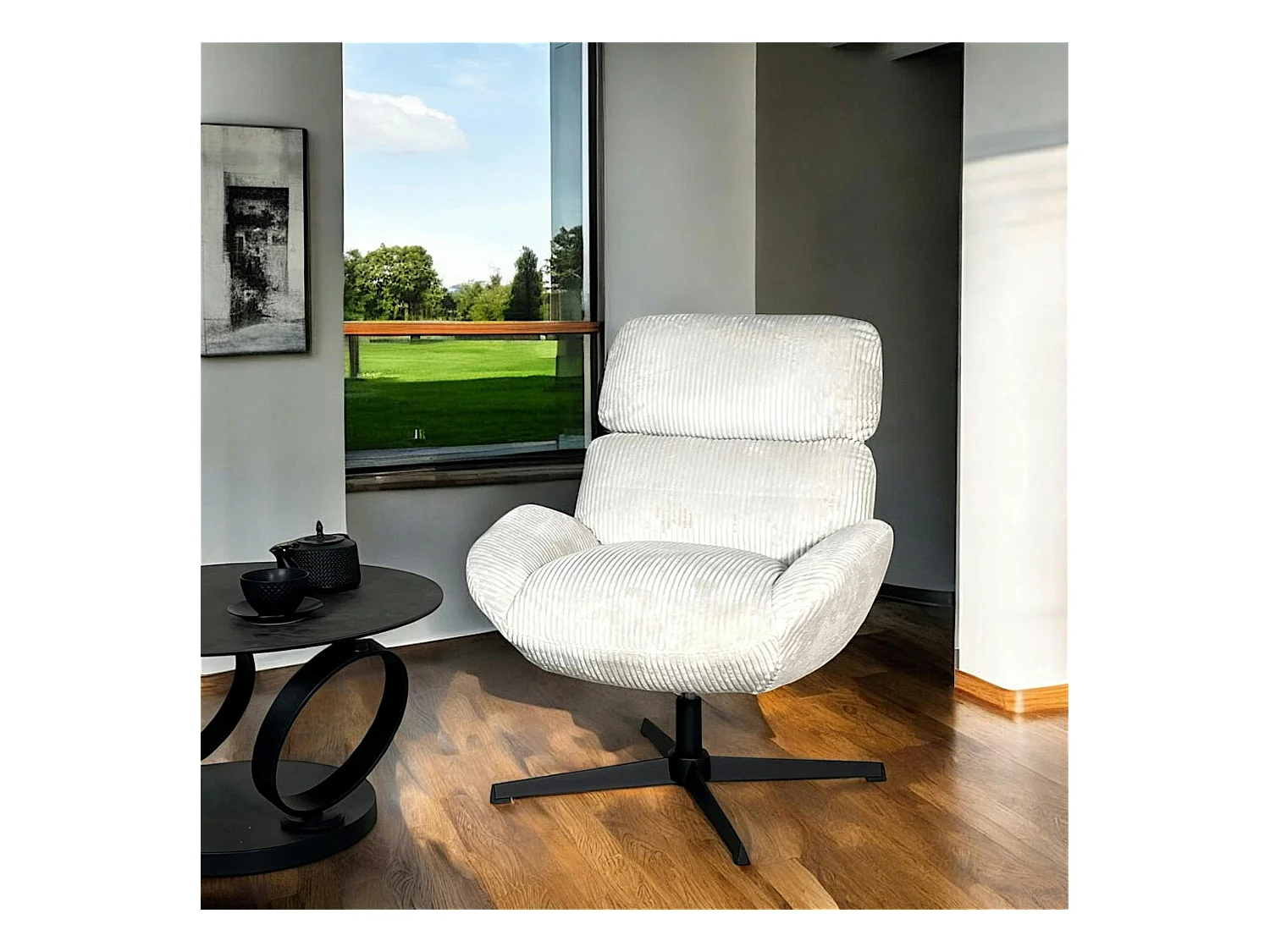 Fauteuil de salon rotatif tissu côtelé blanc IENA