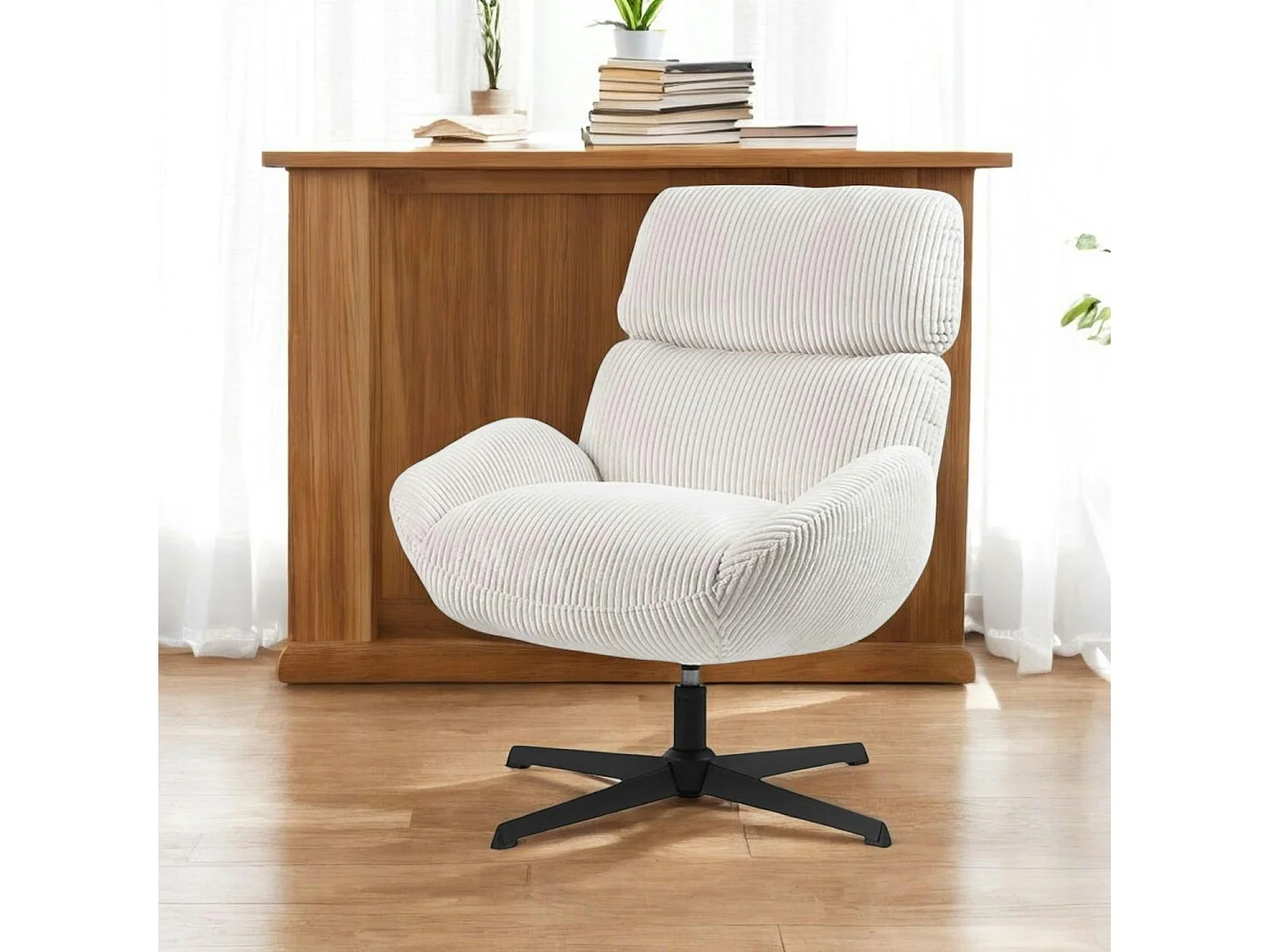 Fauteuil de salon rotatif tissu côtelé blanc IENA