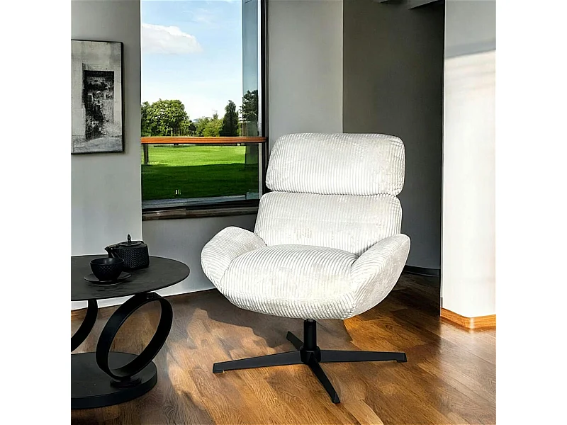 Fauteuil de salon rotatif tissu côtelé blanc IENA