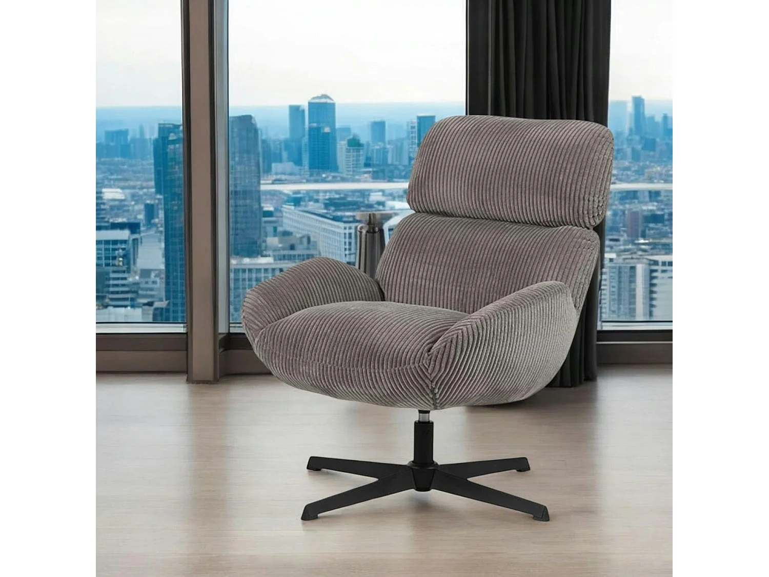 Fauteuil de salon rotatif tissu côtelé gris IENA