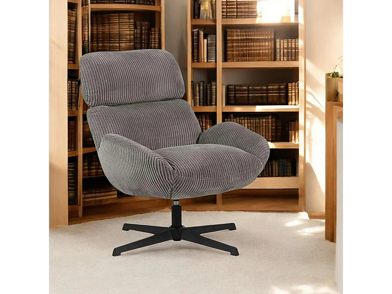 Fauteuil de salon rotatif tissu côtelé gris IENA