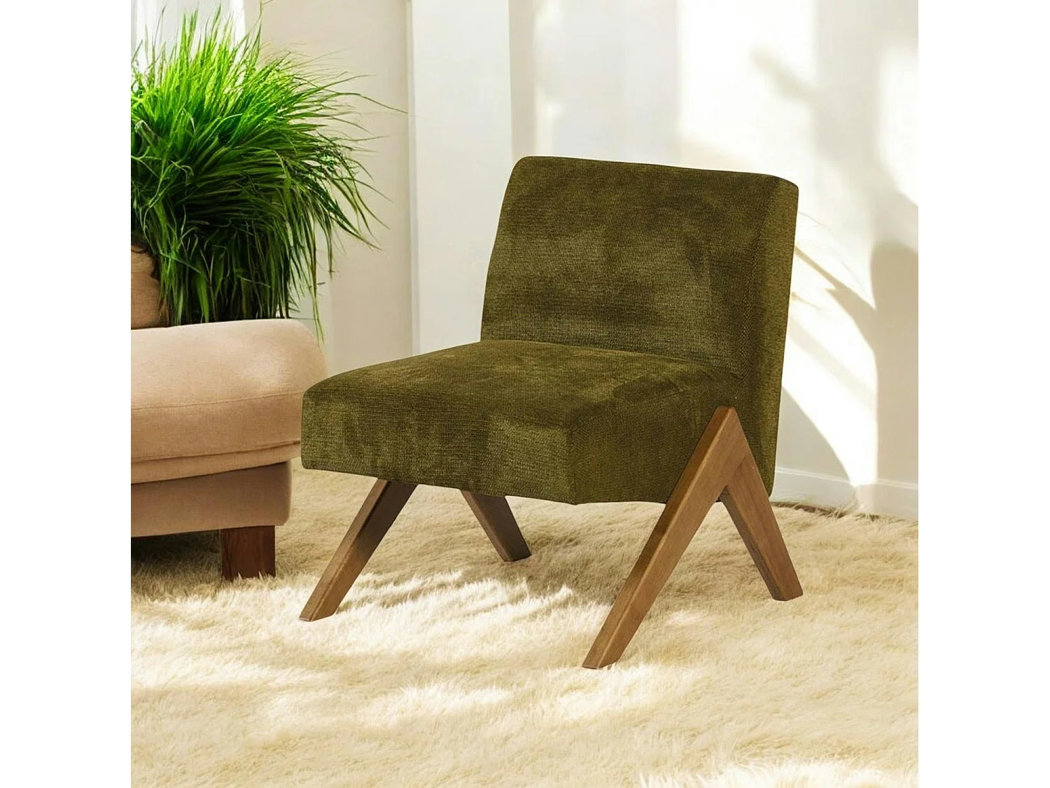Fauteuil de salon bois et velours vert SOHO