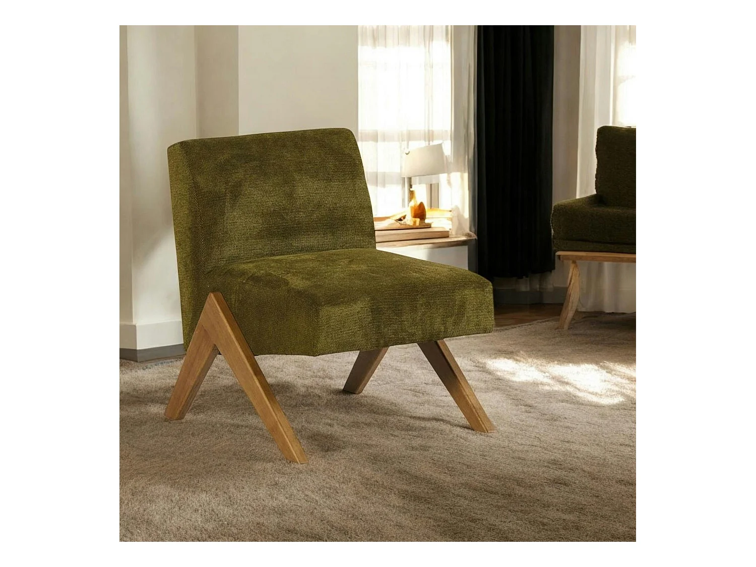 Fauteuil de salon bois et velours vert SOHO