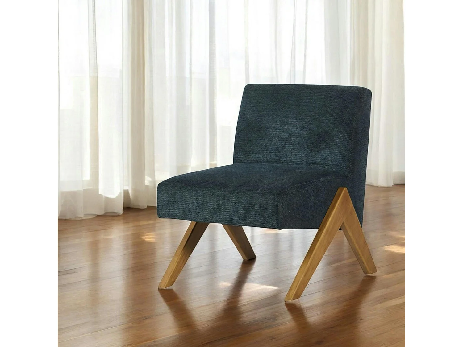 Fauteuil de salon bois et velours bleu SOHO