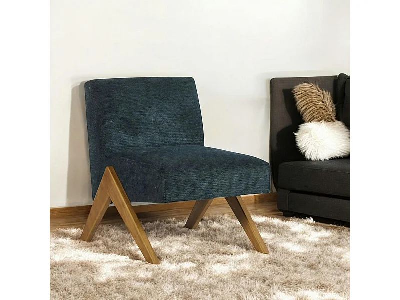 Fauteuil de salon bois et velours bleu SOHO