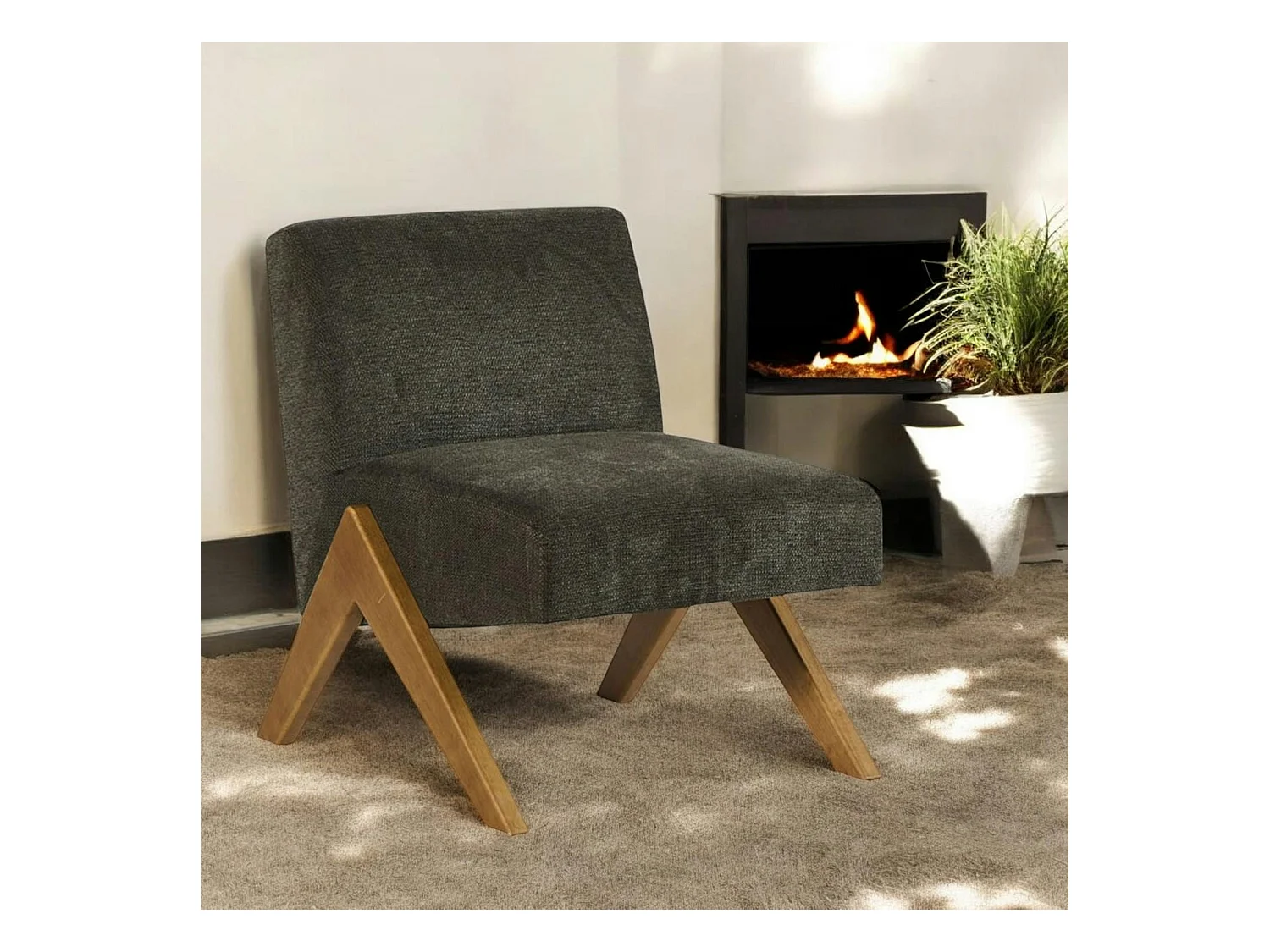 Fauteuil de salon bois et velours anthracite SOHO