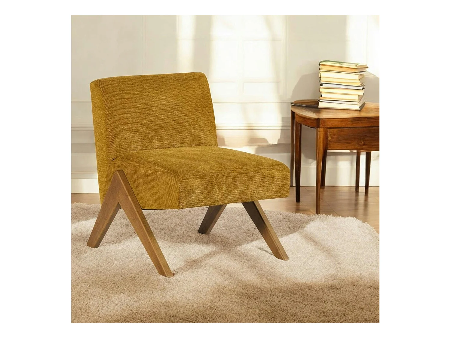 Fauteuil de salon bois et velours moutarde SOHO
