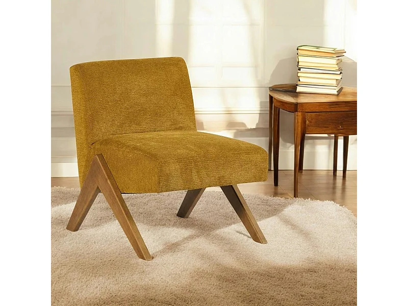 Fauteuil de salon bois et velours moutarde SOHO