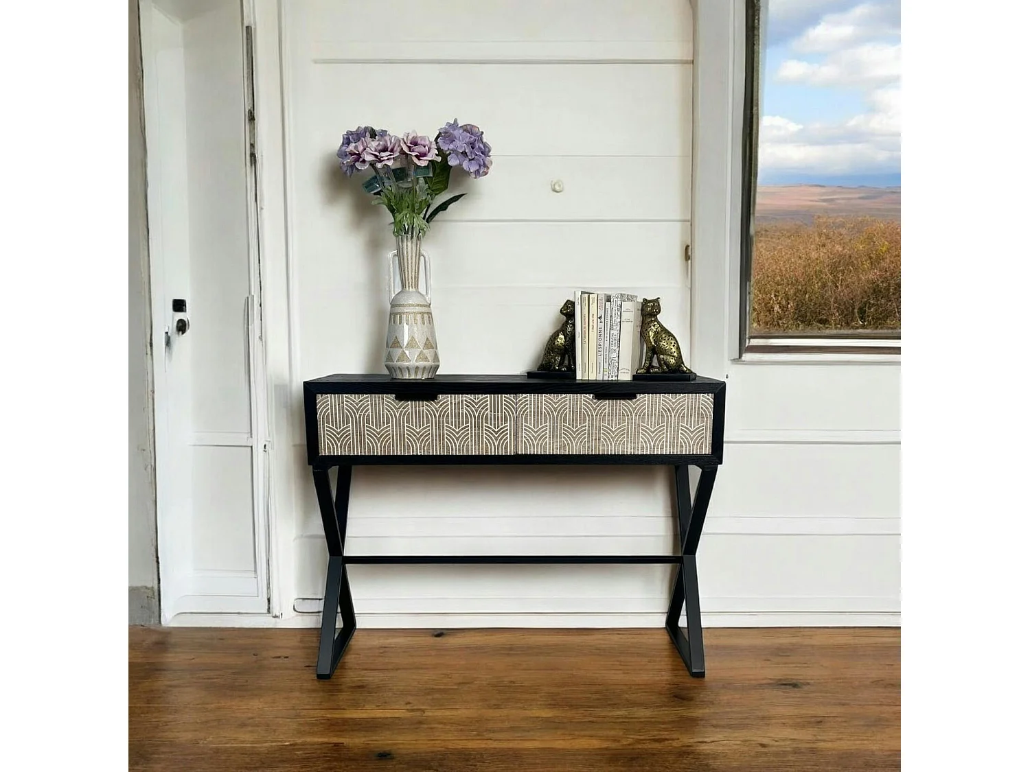 Console 2 tiroirs bois et métal décor art-déco