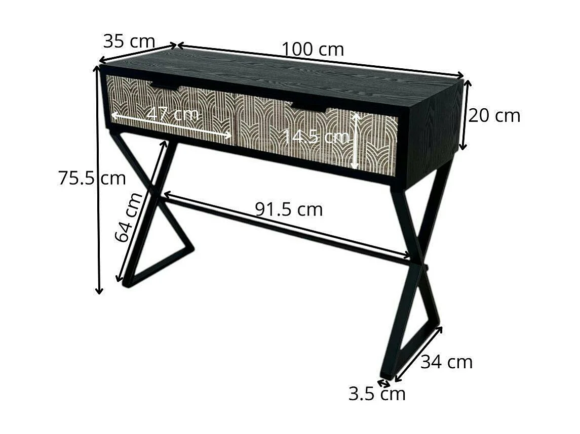 Console 2 tiroirs bois et métal décor art-déco