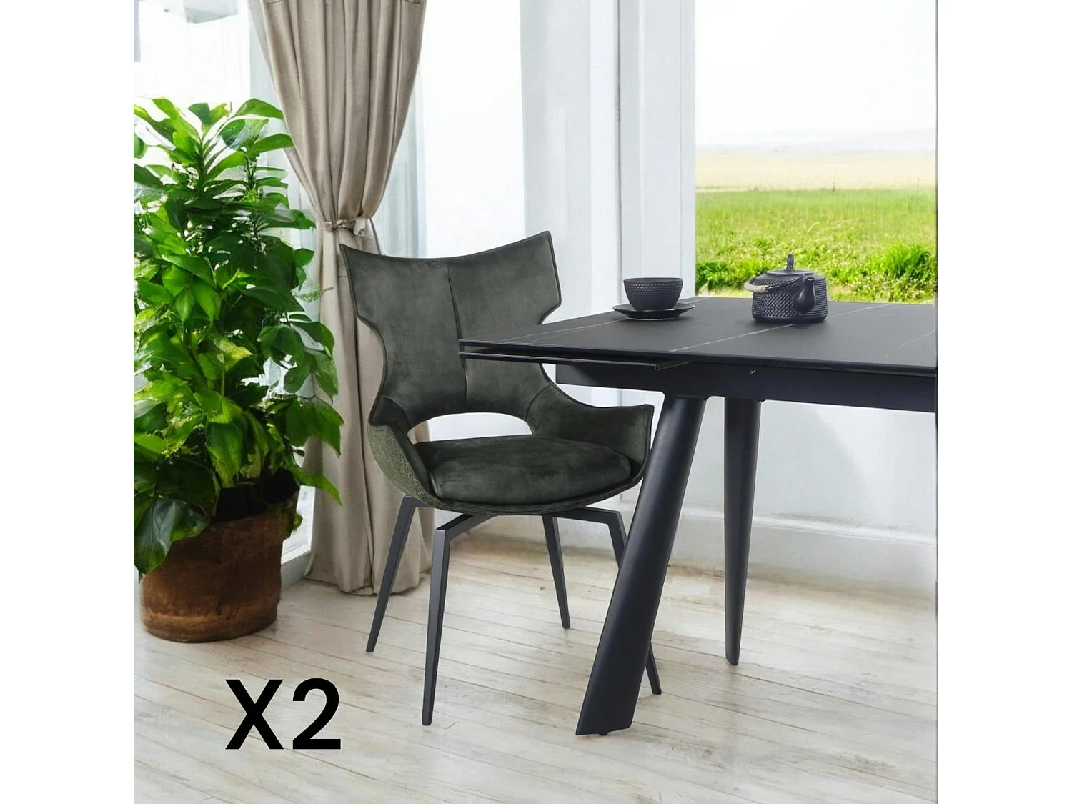 Chaise pivotante verte bi-matière, dossier en T (lot de 2) LOMBARDIE