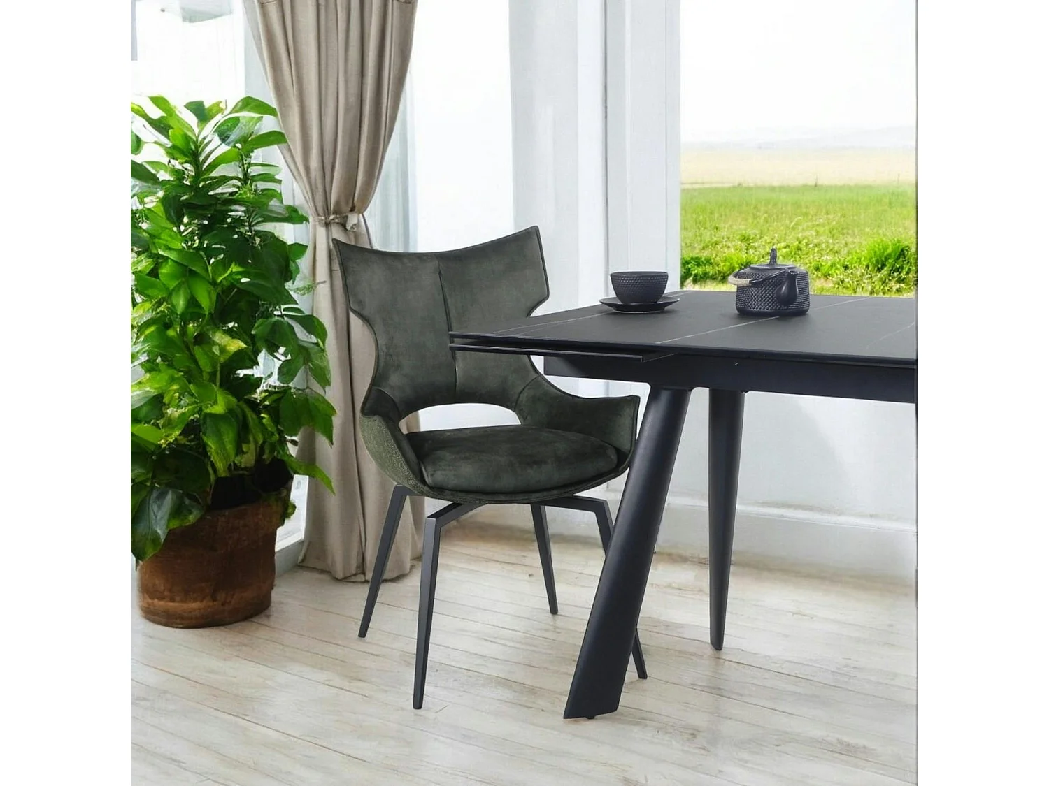 Chaise pivotante verte bi-matière, dossier en T (lot de 2) LOMBARDIE