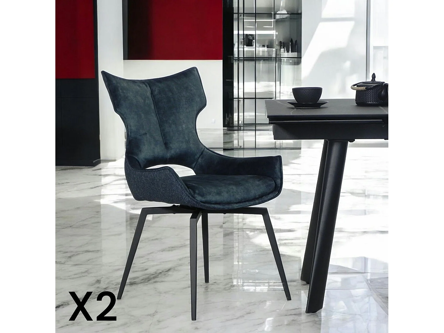 Chaise pivotante bleue bi-matière, dossier en T (lot de 2) LOMBARDIE