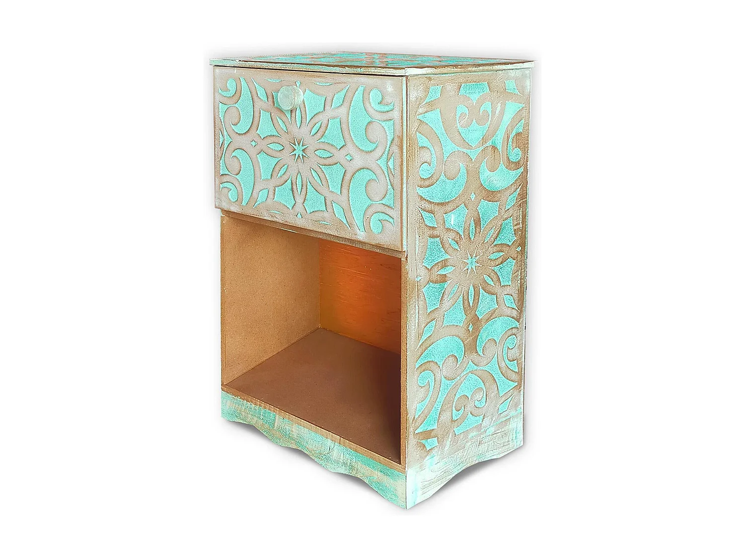 Table de chevet style oriental bois sculpté 1 porte Monbolyto Bois Vert