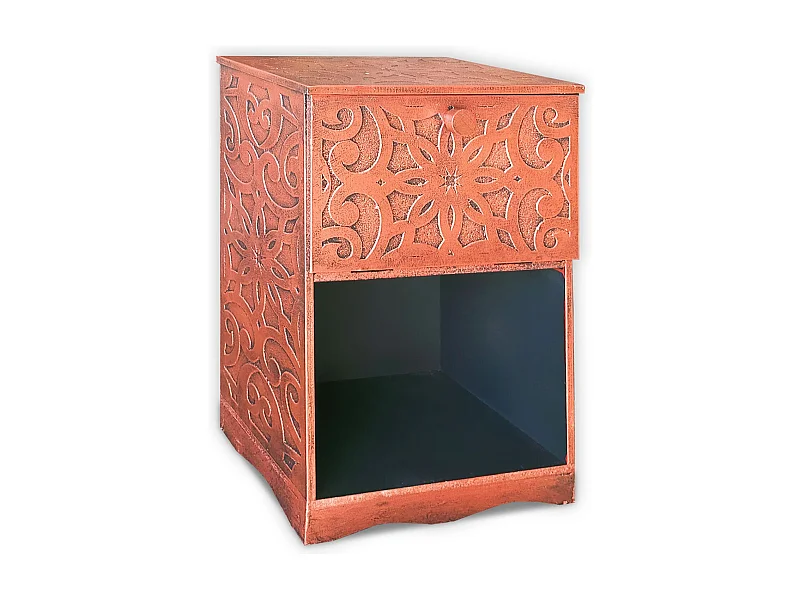 Table de chevet style oriental bois sculpté 1 porte Monbolyto Bois Cuivre