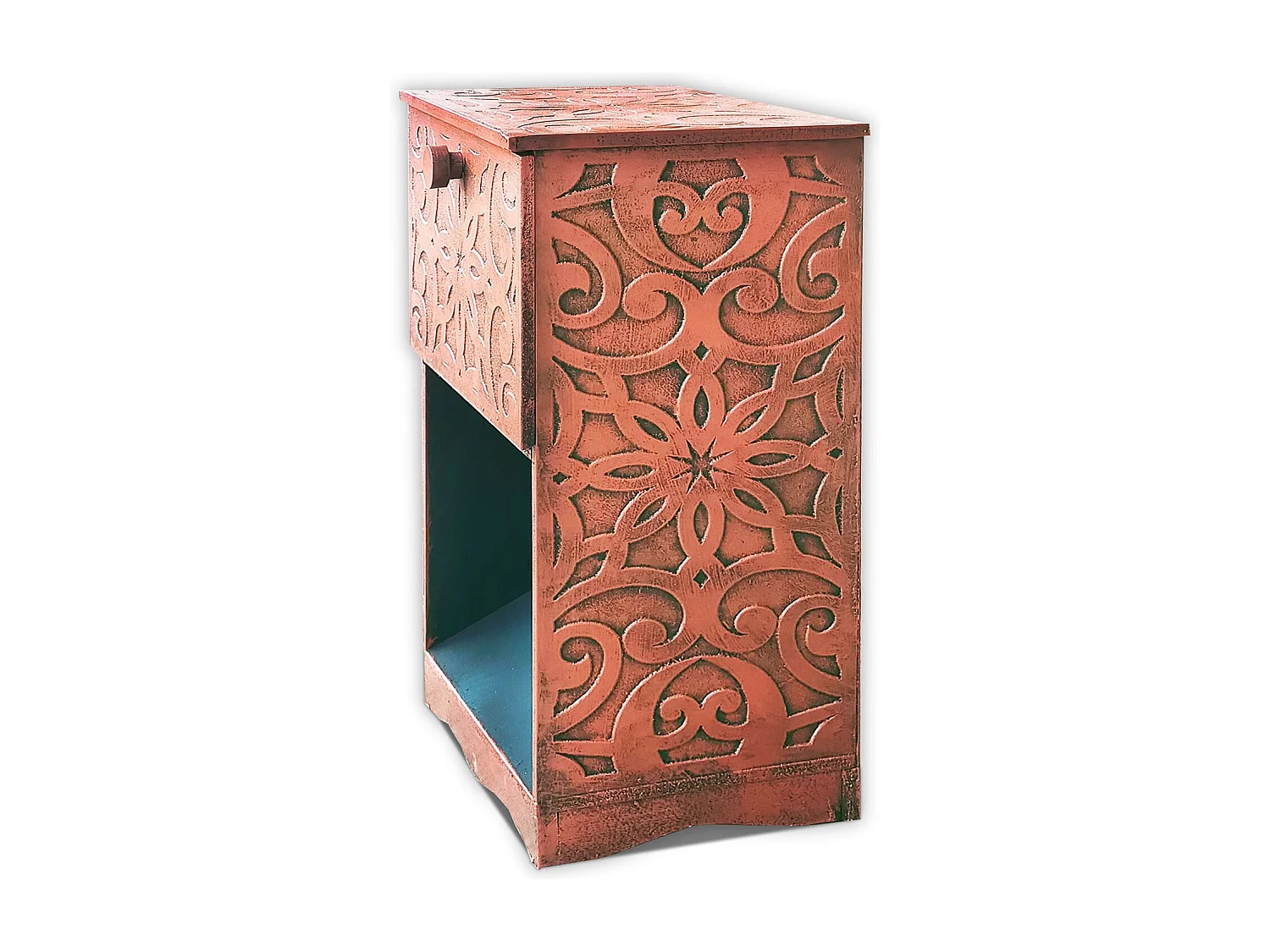 Table de chevet style oriental bois sculpté 1 porte Monbolyto Bois Cuivre