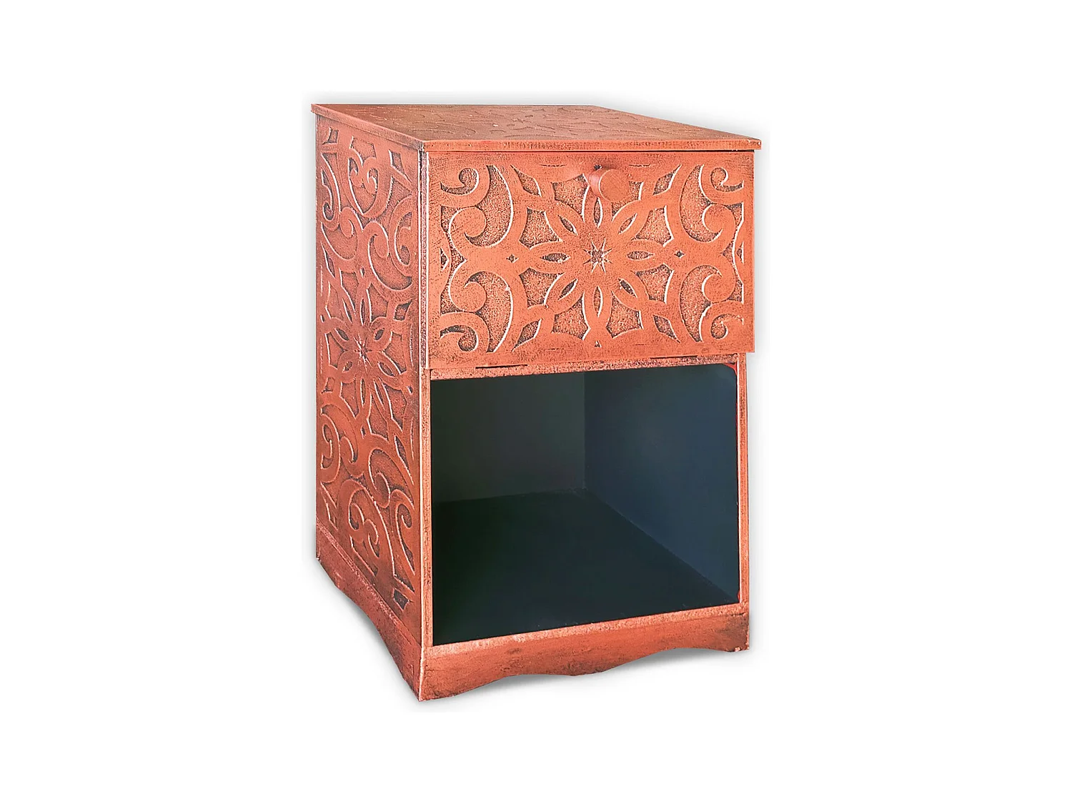 Table de chevet style oriental bois sculpté 1 porte Monbolyto Bois Cuivre