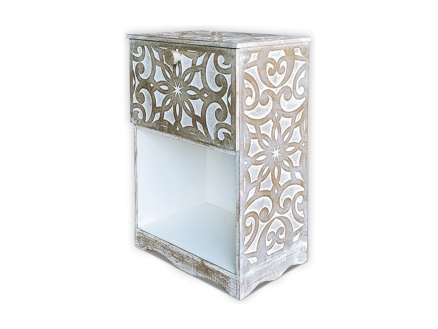 Table de chevet style oriental bois sculpté 1 porte Monbolyto Blanc patiné or