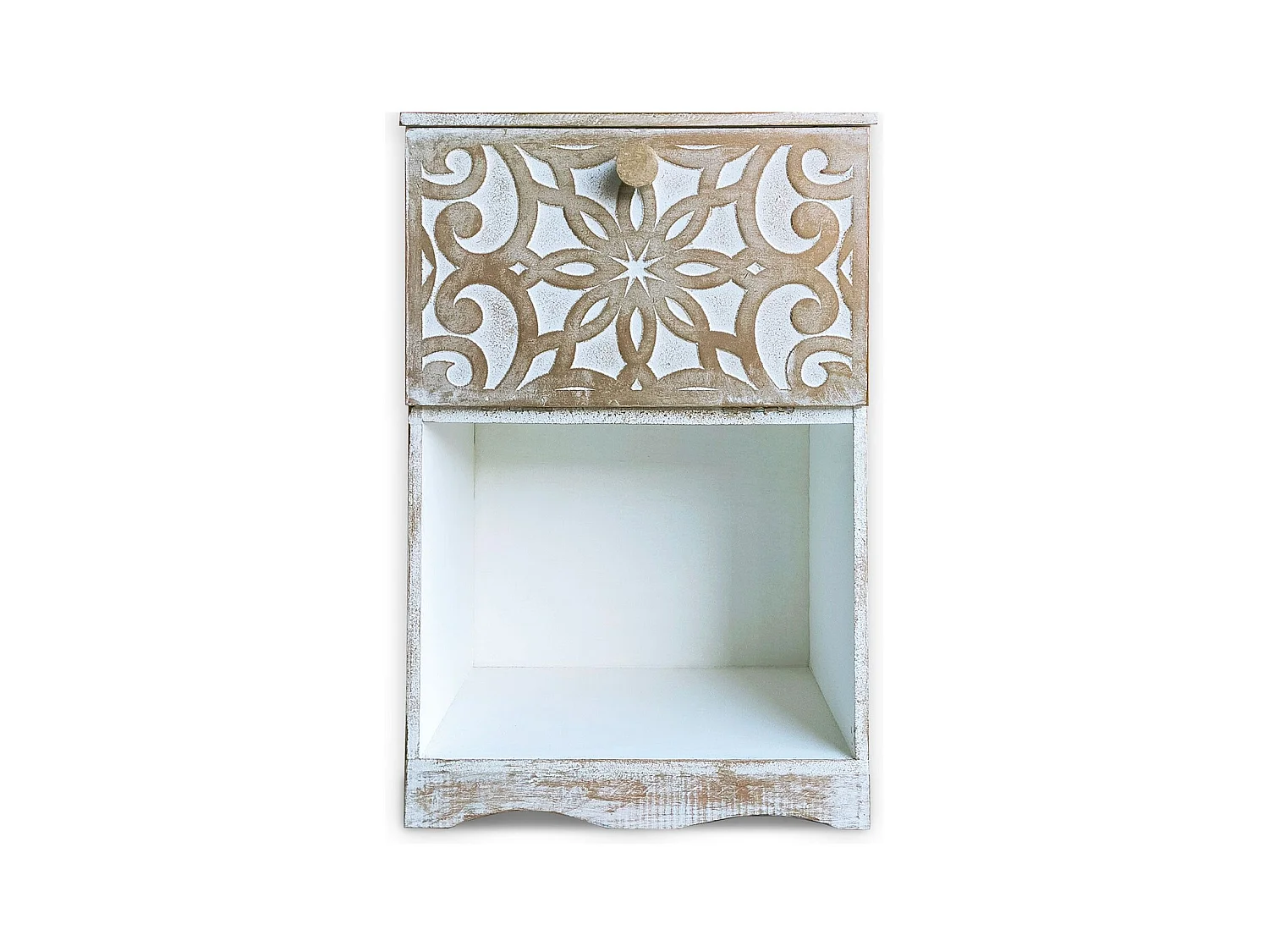 Table de chevet style oriental bois sculpté 1 porte Monbolyto Blanc patiné or