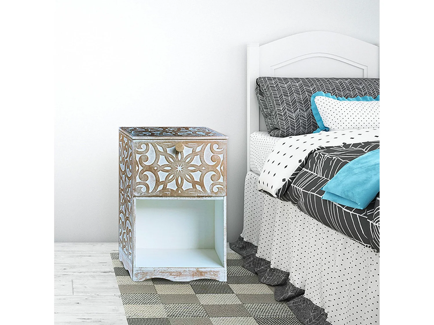 Orientalna stolik nocny z rzeźbionym drewnem Monbolyto Biało-złoty