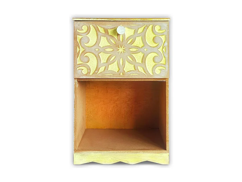 Table de chevet style oriental bois sculpté 1 porte Monbolyto Bois Jaune