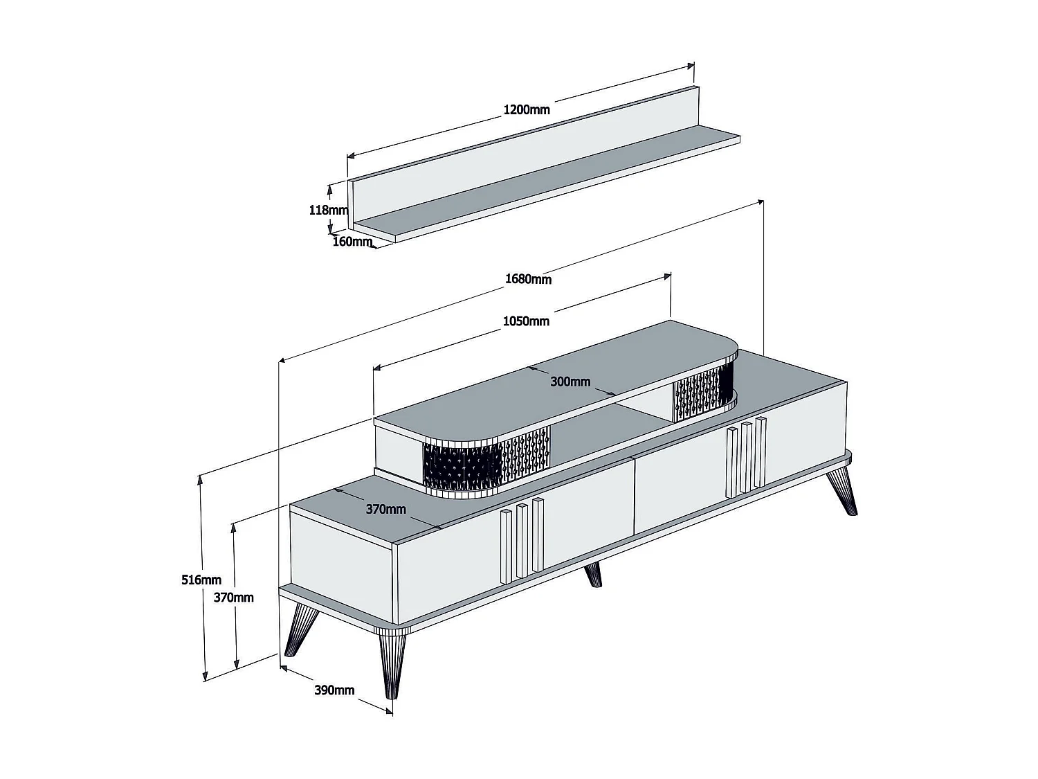 Mueble de TV moderno – 168 cm – blanco – 100% revestido de melamina